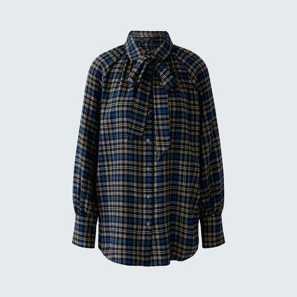 OUI Long Check Tie Neck Blouse in Dark Blue/Camel