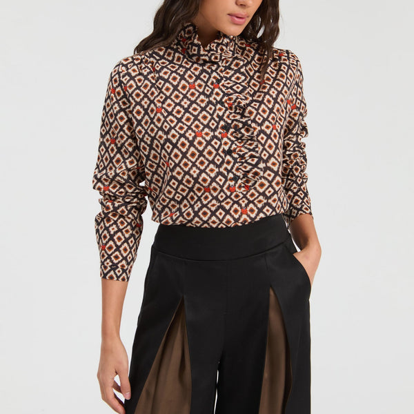 VILAGALLO Ikat and Ladybird Print Shirt in Brown/Black