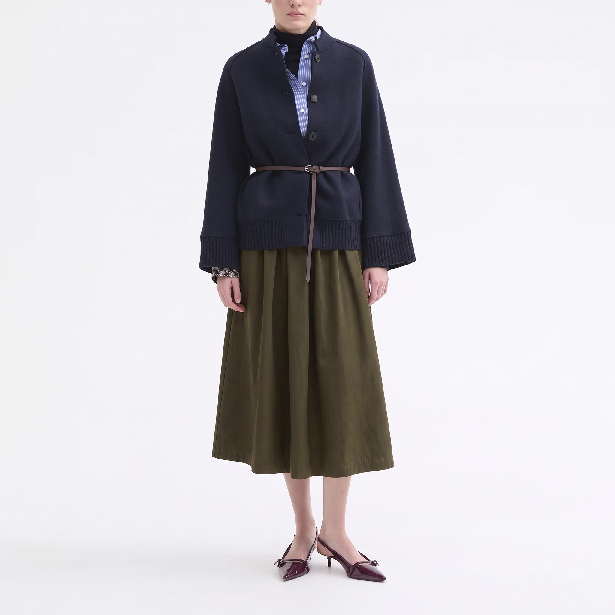 ROSSO35 Taffetta Midi Skirt in Military Green