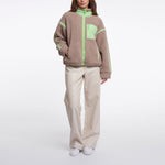RINO & PELLE Sinai Cropped Teddy Fleece Jacket with Leopard Print Pocket in Light Mocha/Fluorescent Green