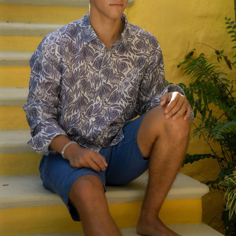 PINK HOUSE MUSTIQUE 100% Linen Protea Shirt in Aubergine