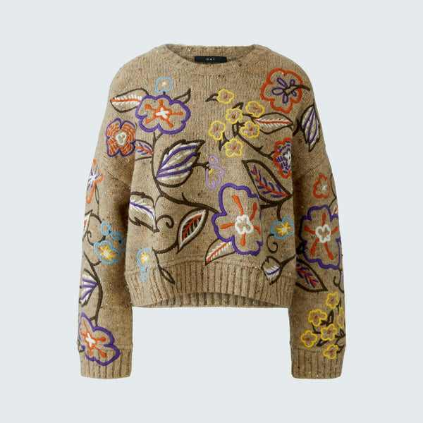 OUI Flower Embroidered Jumper in Camel/Violet