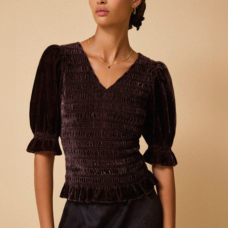 BY IRIS Raya Velvet Smocked Top in Chocolate Brown