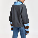 ESSENTIEL ANTWERP Kantelou Layered Polo Sweatshirt with Striped Sleeves in Blue/Brown/Dark Grey
