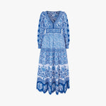 PINK CITY PRINTS Patchwork Alicia Block Print Cotton Dress in Azure Blue