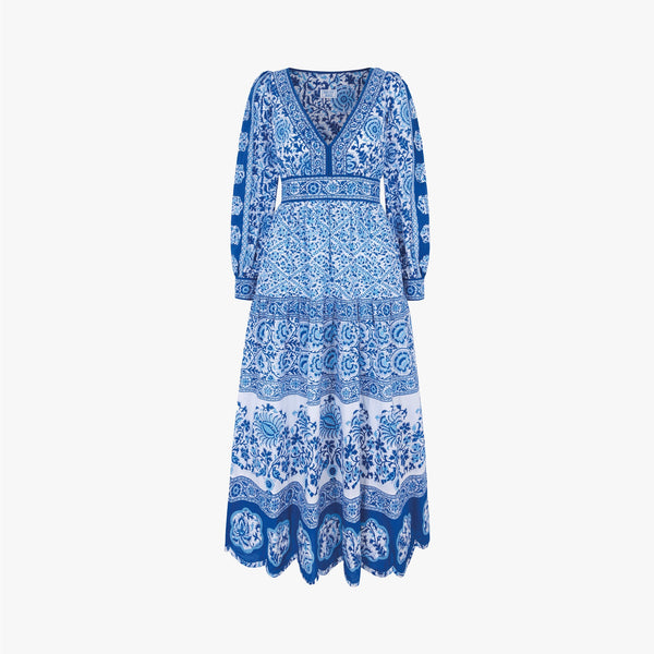 PINK CITY PRINTS Patchwork Alicia Block Print Cotton Dress in Azure Blue