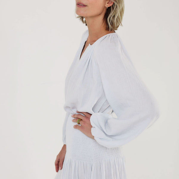 MONDO CORSINI Eliza Gathered V Neck Blouse in Cloud