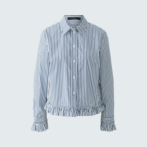OUI Stripe Frill Cuff and Hem Shirt in White/Blue