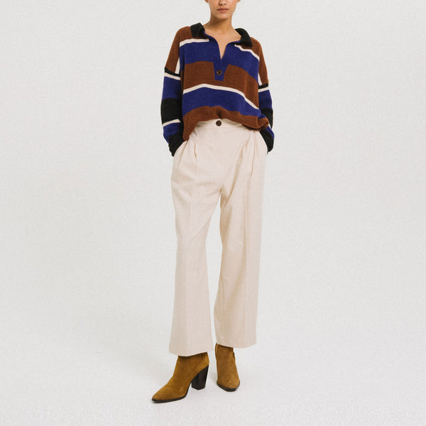TINSELS Winner 1/2 Button Up Stripe Jumper in Brown