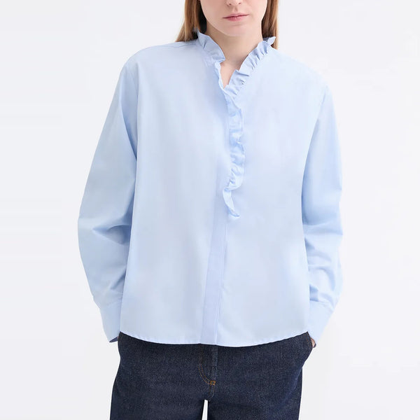 ROSSO35 Ruffle Cotton Shirt in Light Blue