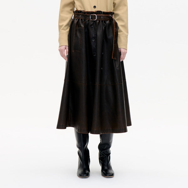 BAUM UND PFERDGARTEN Saimi Leather Button Detail Skirt in Mole Brown