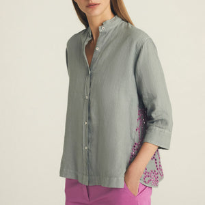 Embroidered Linen Shirt in Grey/Fuchsia