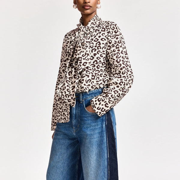 ESSENTIEL ANTWERP Khaleesi Leopard Print Pussy-bow Shirt in Brown/Cream