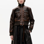 BAUM UND PFERDGARTEN Bailey Cropped Leather Bomber Jacket in Mole Brown