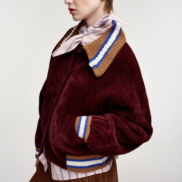 ESSENTIEL ANTWERP Kamore Knit Jacket with Collar in Wine