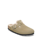 BIRKENSTOCK Boston Shearling Suede Leather Mules in Thyme