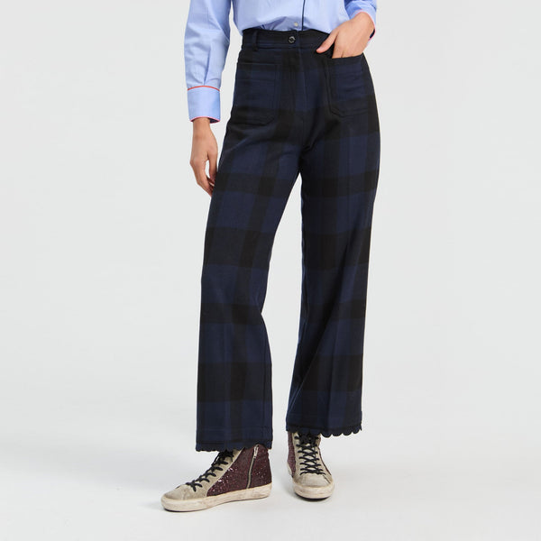 VILAGALLO Dorin Scallop Hem Check Trousers in Navy/Black