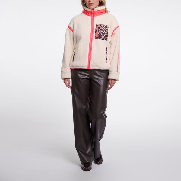 RINO & PELLE Sinai Cropped Teddy Fleece Jacket with Leopard Print Pocket in Birch/Leo