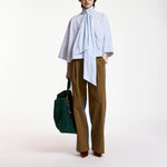 ESSENTIEL ANTWERP Kefir Striped Pussy-bow Top with Trumpet Sleeves in Light Blue/White