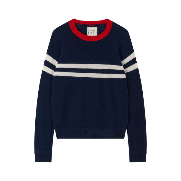 JUMPER 1234 Chest Stripe Crew Neck Jumper in New Navy/Scarlet/Jasmine