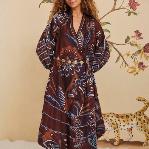 FARM RIO Delicate Garden Brown Midi Dress