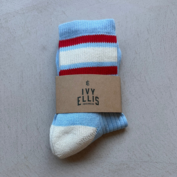 IVY ELLIS The Earl Women's Quarter Length Socks in Light Blue/Red/Cream