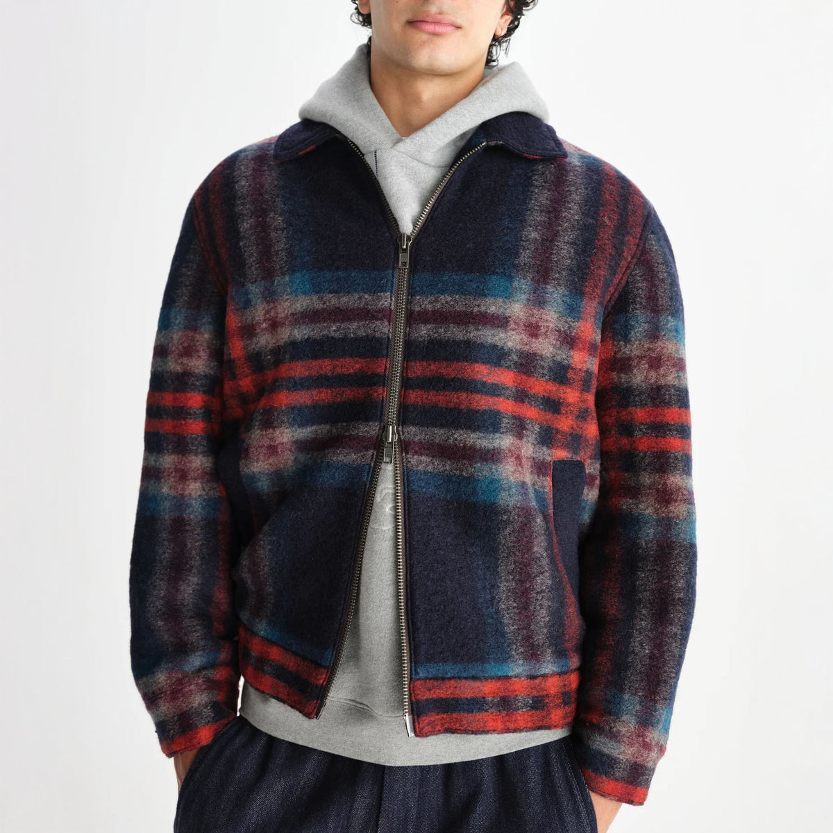 WAX LONDON Heath Wool Check Jacket in Navy and Multicolour