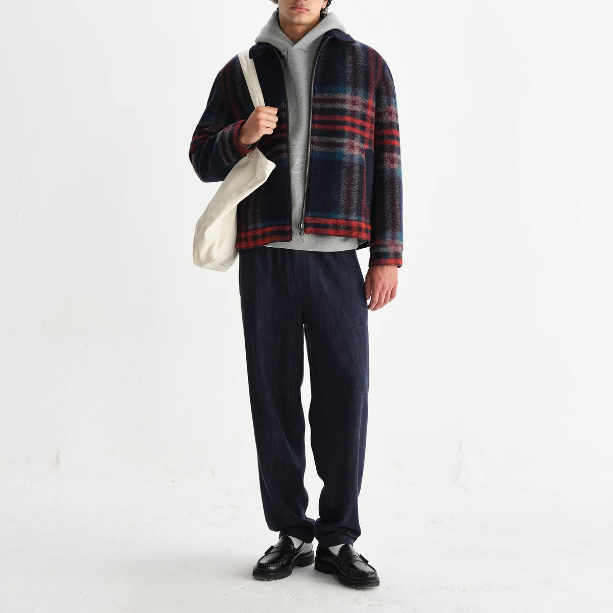 WAX LONDON Heath Wool Check Jacket in Navy and Multicolour