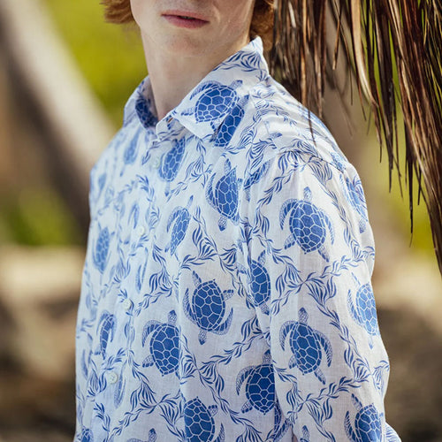 PINK HOUSE MUSTIQUE 100% Linen Turtle Trellis Shirt in Blue