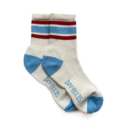IVY ELLIS Ladies Moon Vintage Cotton Sport Socks in Ecru/Pale Blue/Red
