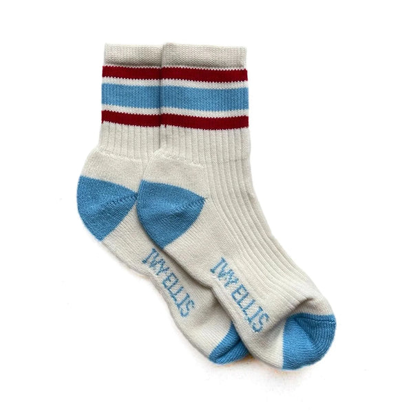 IVY ELLIS Ladies Moon Vintage Cotton Sport Socks in Ecru/Pale Blue/Red