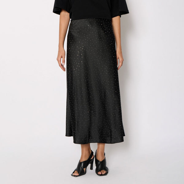 BERENICE Jojo Satin Long Skirt With Rhinestones in Black