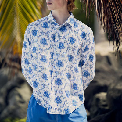PINK HOUSE MUSTIQUE 100% Linen Turtle Trellis Shirt in Blue