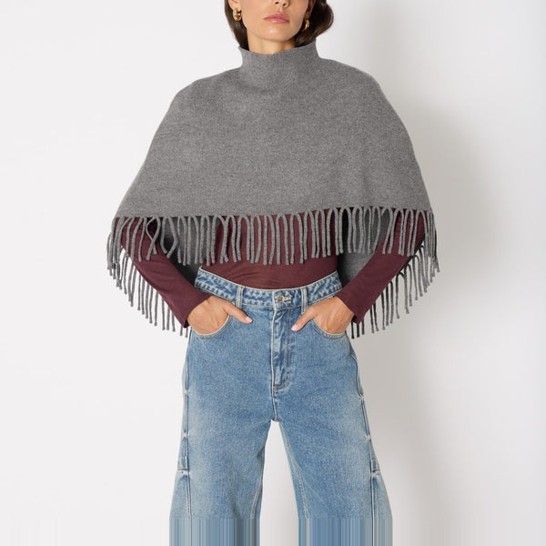 BERENICE Fringed Poncho in Dark/Grey