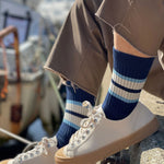 IVY ELLIS The Marvin Men's Crew Length Socks in Navy/Light Blue
