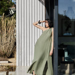 MONDO CORSINI Joan One Shoulder Column Dress in Verde