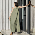 MONDO CORSINI Joan One Shoulder Column Dress in Verde