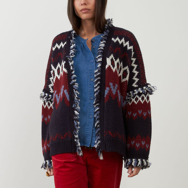 ORFEO Skalanda Jacquard Knitted Cardigan in Navy/Bordeaux