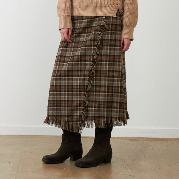 ORFEO Whitney Tartan Wrap Fringe Skirt in Black
