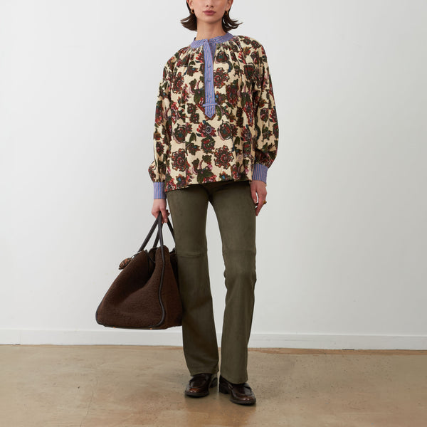 ORFEO Abby Floral Half Placket Blouse with Stripe Collar in Multi