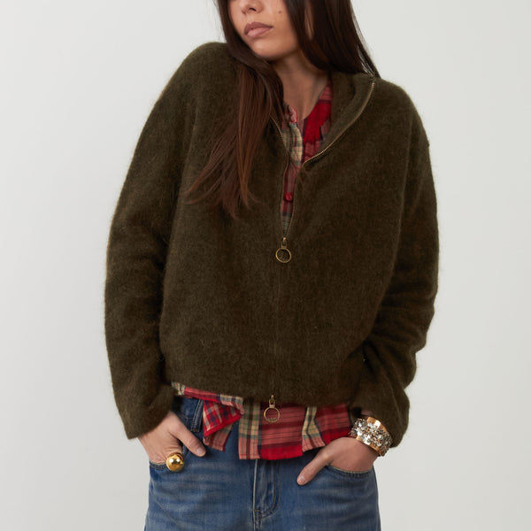 ORFEO Zuleika Mohair Blend Zip Up Cardigan in Khaki