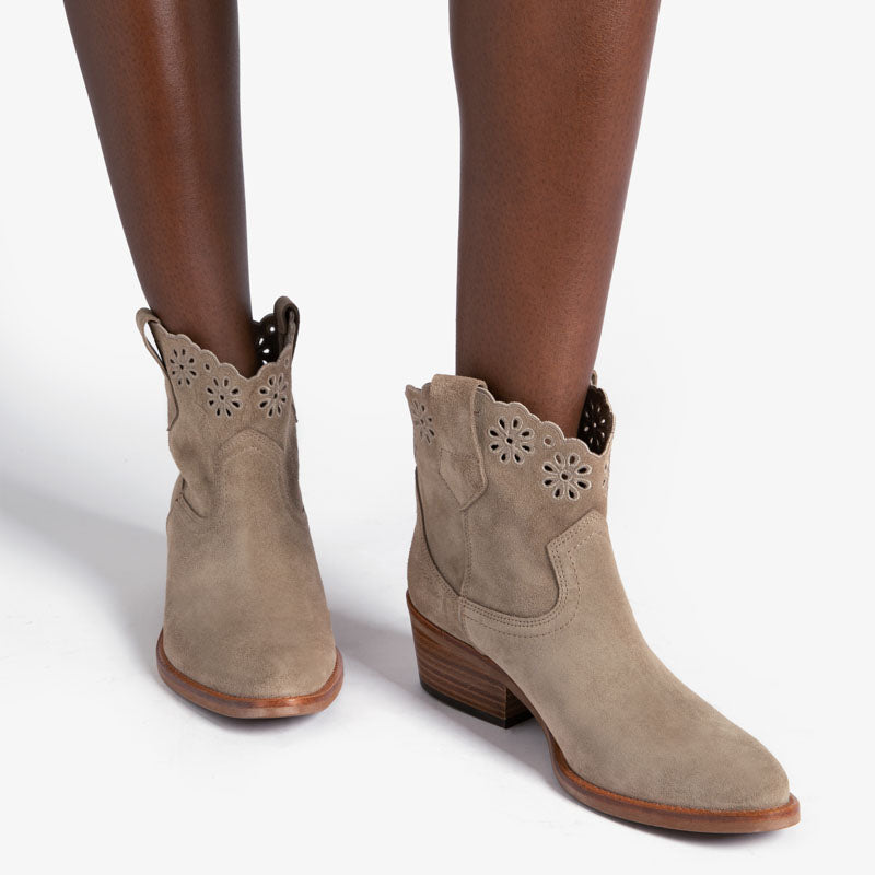 PENELOPE CHILVERS Cali Broderie Suede Cowboy Boot in Sand