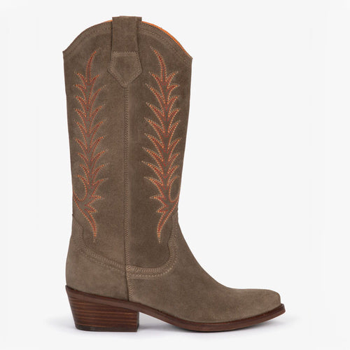 PENELOPE CHILVERS Goldie Embroidered Cowboy Boots in Taupe