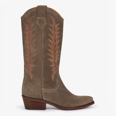 PENELOPE CHILVERS Goldie Embroidered Cowboy Boots in Taupe