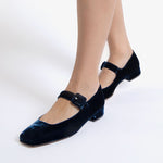 PENELOPE CHILVERS Low Mary Jane Velvet Shoe in Navy