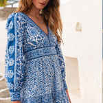 PINK CITY PRINTS Patchwork Alicia Block Print Cotton Dress in Azure Blue
