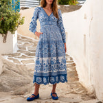 PINK CITY PRINTS Patchwork Alicia Block Print Cotton Dress in Azure Blue