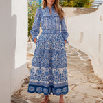 PINK CITY PRINTS Anora Patchwork Block Printed Cotton Skirt in Azure Blue
