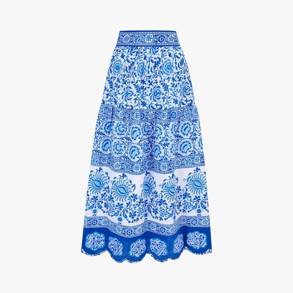 PINK CITY PRINTS Anora Patchwork Block Printed Cotton Skirt in Azure Blue