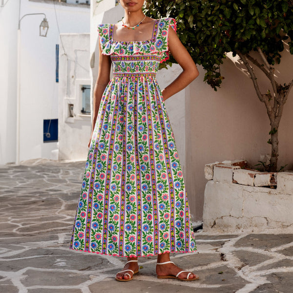 PINK CITY PRINTS Carrie Cotton Block Print Dress in Folk Border